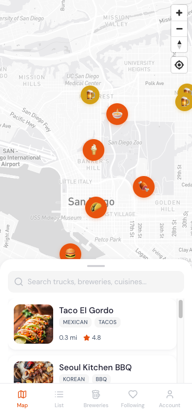 GrubScout map showing live food trucks in San Diego