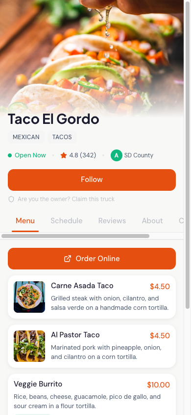 Food truck profile with menu and reviews